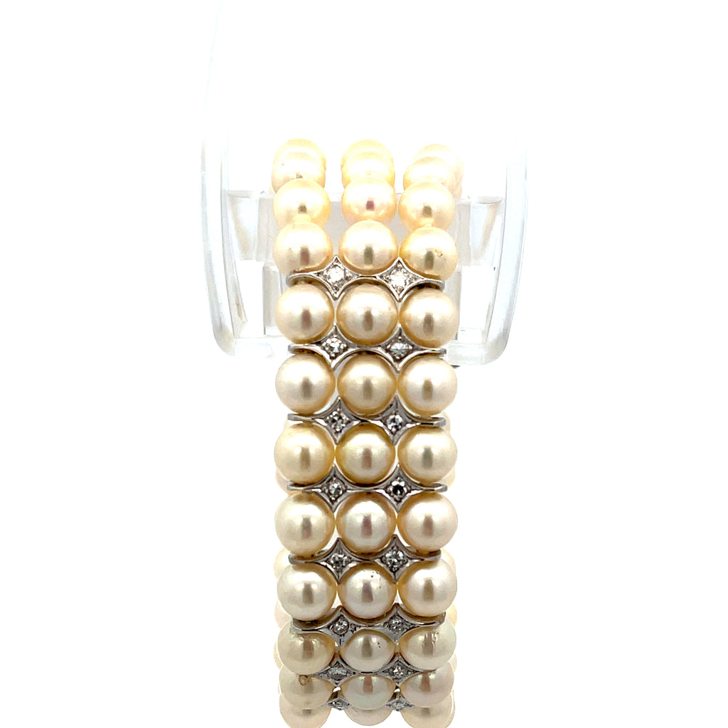 Vintage 18k White Gold Triple Strand .50ct F VS2 Round diamond and 6mm Fresh Water Pearl Bracelet