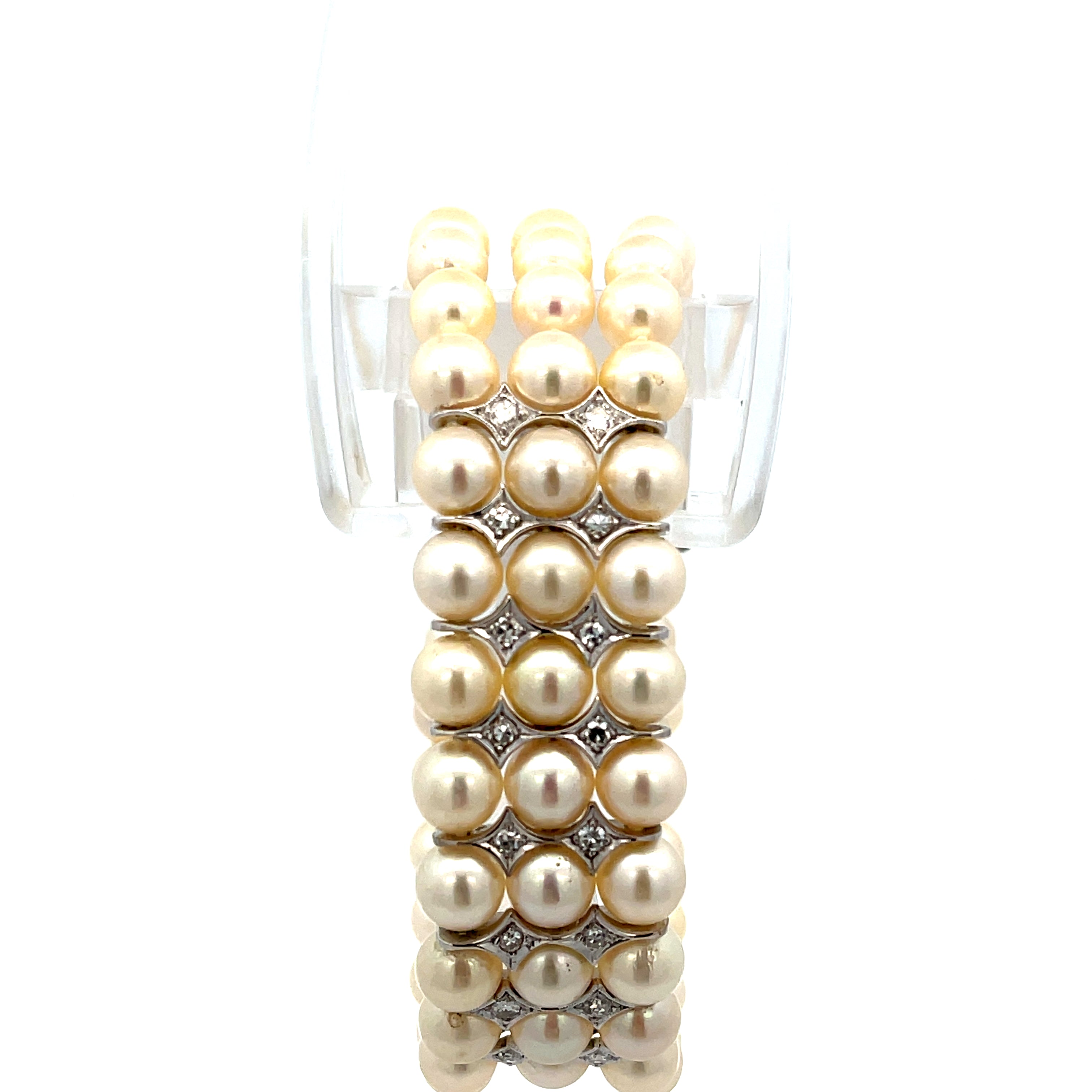 Vintage 18k White Gold Triple Strand .50ct F VS2 Round diamond and 6mm Fresh Water Pearl Bracelet