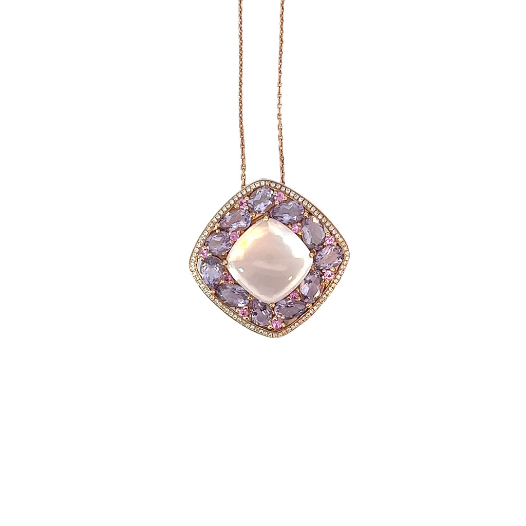 18k Rose Gold 4.00ct Purple Sapphire, .25ct Quartz Cabochon Cut  and .30ct F VS2 Round Diamond  Necklace