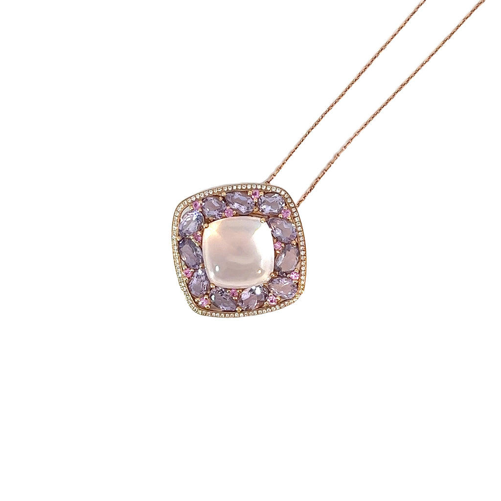 18k Rose Gold 4.00ct Purple Sapphire, .25ct Quartz Cabochon Cut  and .30ct F VS2 Round Diamond  Necklace