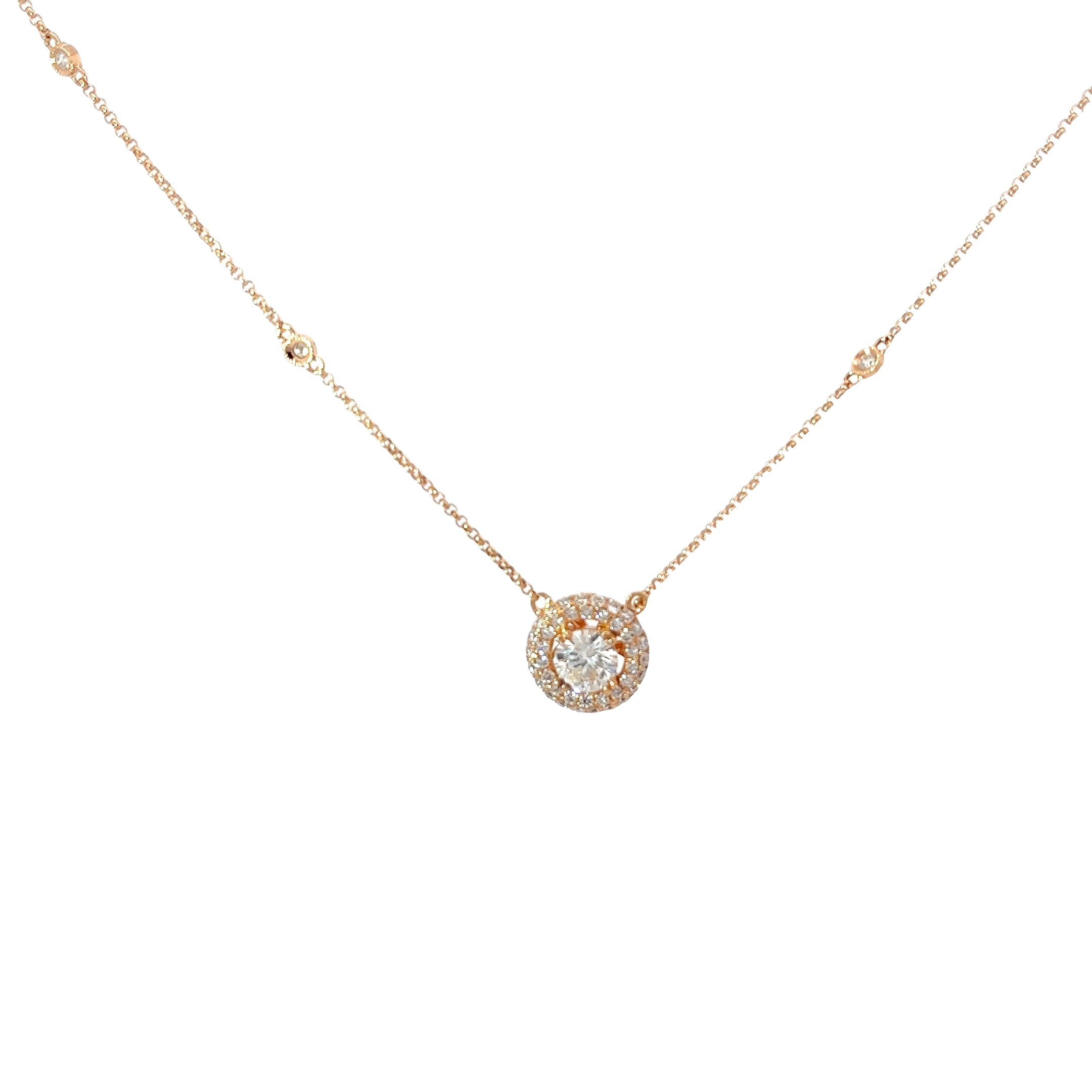 14k Rose Gold .58ct G SI1 Center Round Diamond and along the Halo .42ct G SI1 Round Diamond Solitaire Necklace