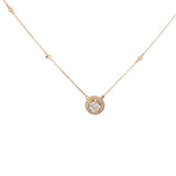 Ladies 14k rose gold diamond solitaire necklace with diamond halo