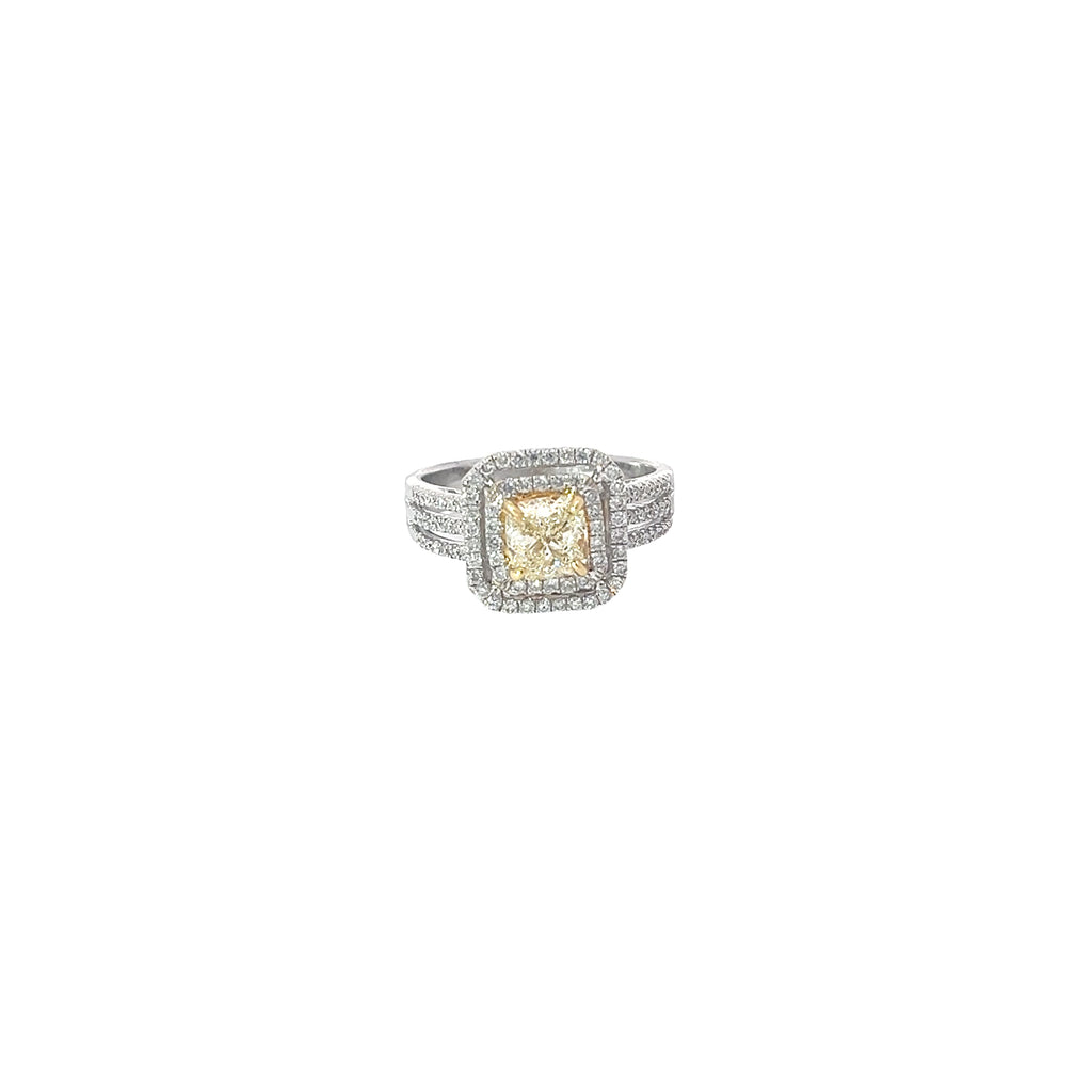 18k White Gold .96ct N SI1 Cushion Yellow Diamond and Halo Surround by .54ct G SI1 Round Diamond Engagement Ring