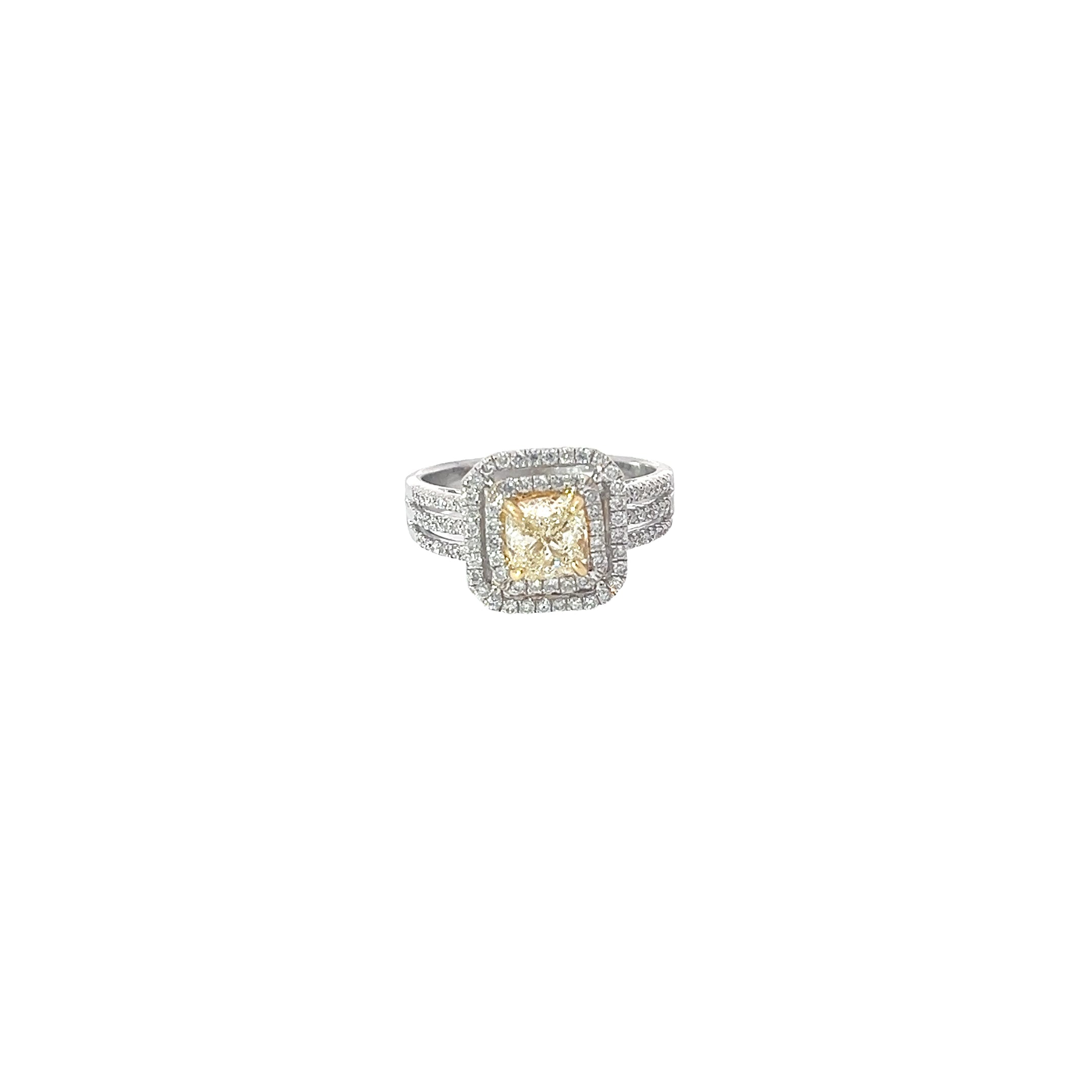 18k White Gold .96ct N SI1 Cushion Yellow Diamond and Halo Surround by .54ct G SI1 Round Diamond Engagement Ring
