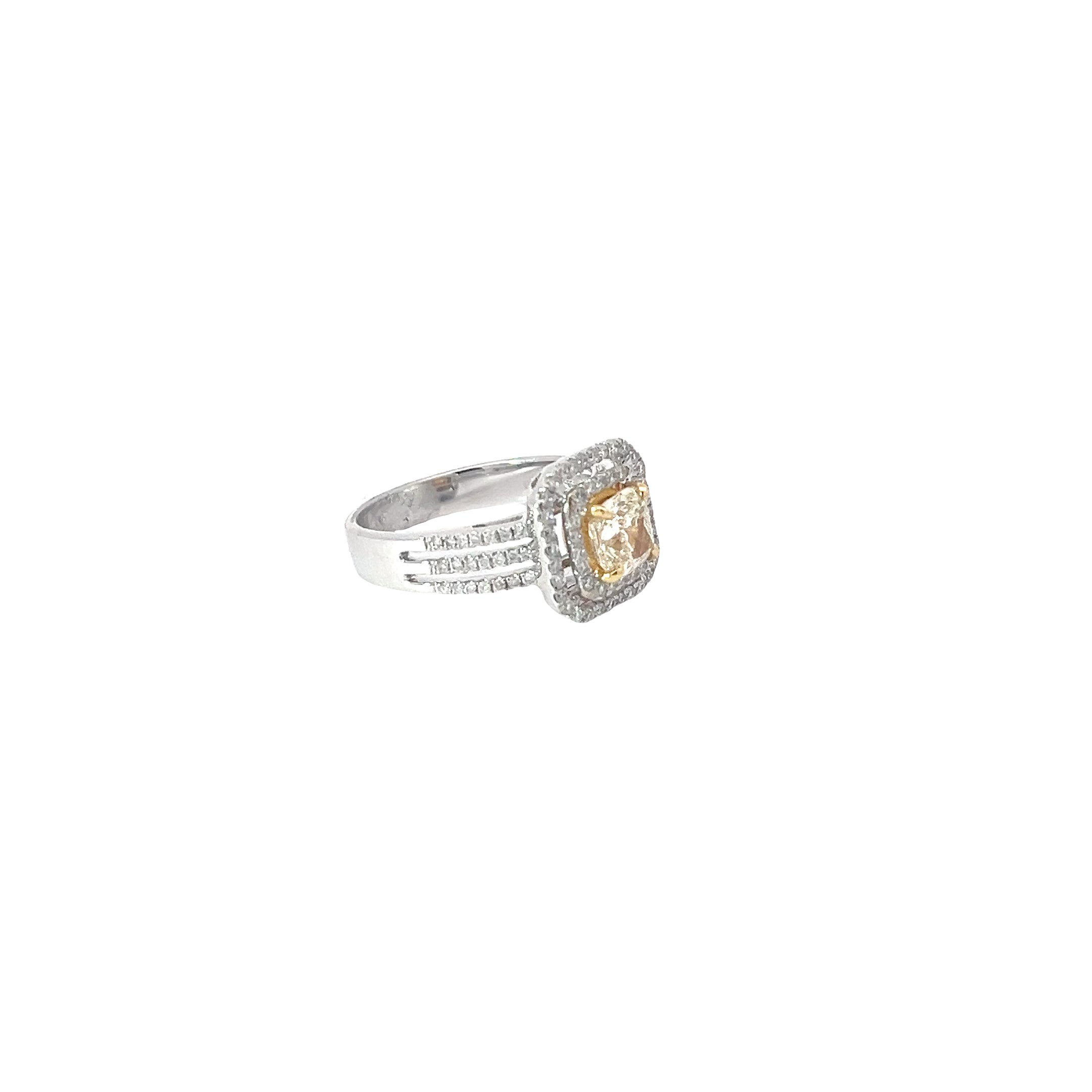 18k White Gold .96ct N SI1 Cushion Yellow Diamond and Halo Surround by .54ct G SI1 Round Diamond Engagement Ring