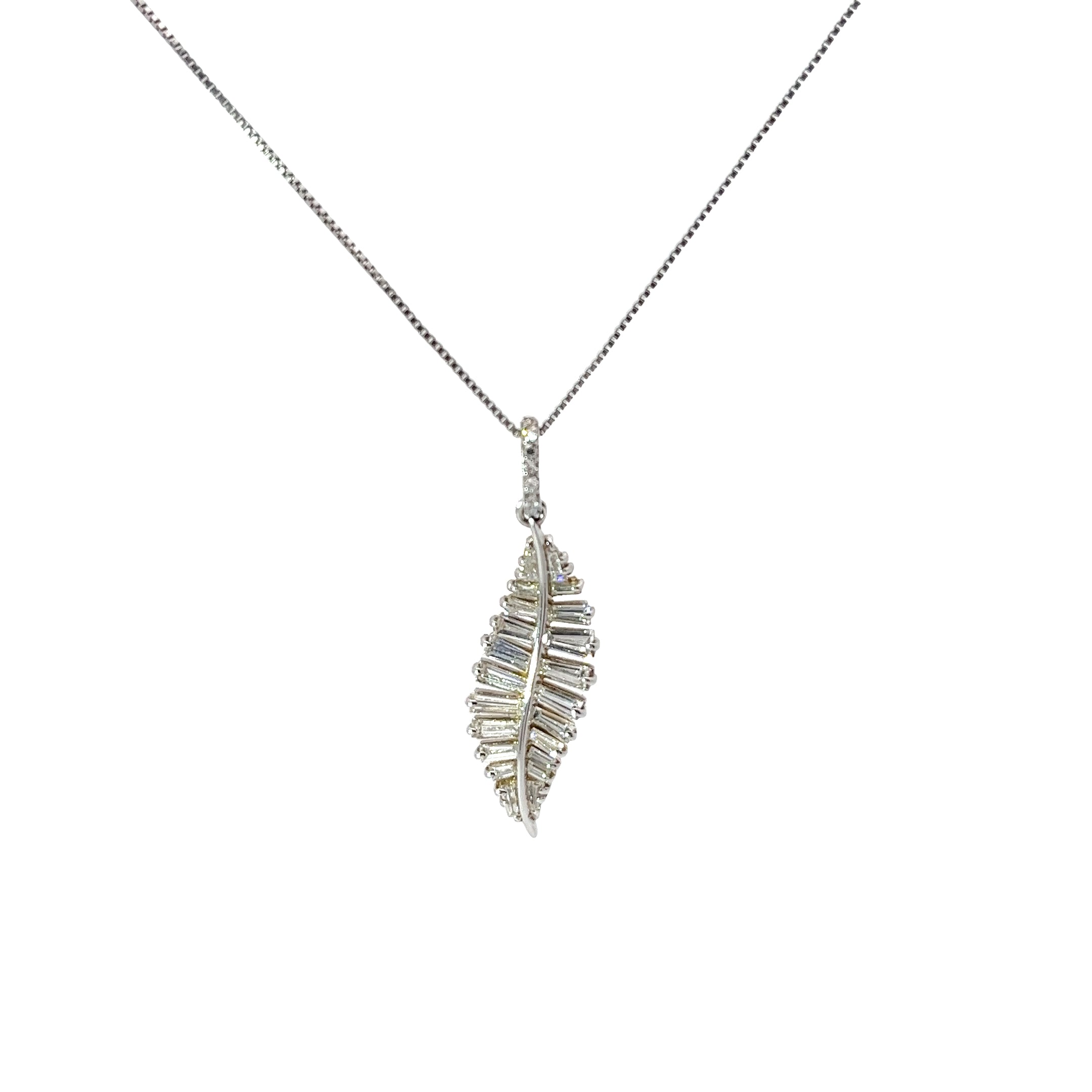 18k White Gold 1.84ct F VS2 Baguette Diamond Feather Necklace 20"inch