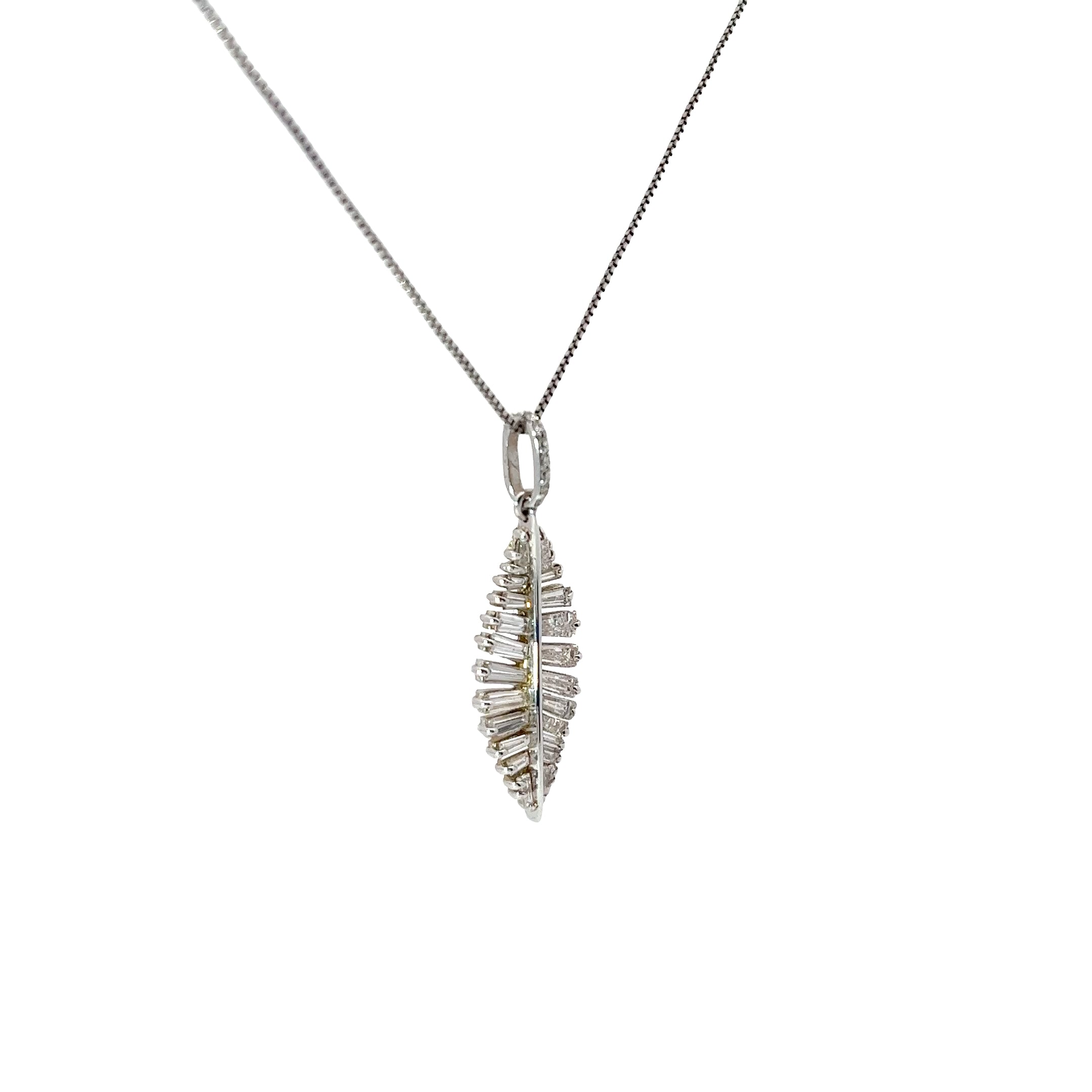 18k White Gold 1.84ct F VS2 Baguette Diamond Feather Necklace 20"inch