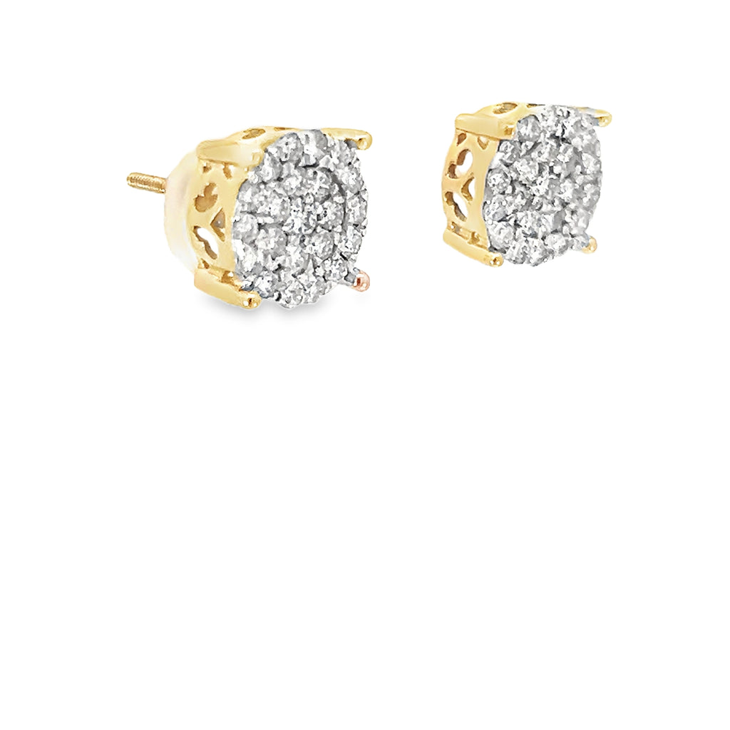 10k Yellow Gold 1.00ct F SI1 Round Diamond Pave Set Stud Earrings 9mm