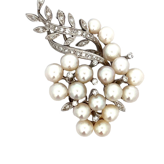 14k White Gold 1.00ct G SI1 Round Diamond and Pearl Vintage Brooch/Pin