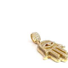 14k Yellow Gold 1.50ct G VS2 Round Diamond Khamsa Evil Eye Pendant 1 1/2" x 3/4"