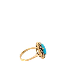 18k Yellow Gold .30ct F VS2 Round Diamond / Oval Turquois Vintage Ring 12x10mm