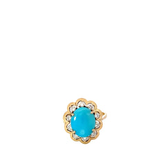 18k Yellow Gold .30ct F VS2 Round Diamond / Oval Turquois Vintage Ring 12x10mm