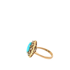 18k Yellow Gold .30ct F VS2 Round Diamond / Oval Turquois Vintage Ring 12x10mm