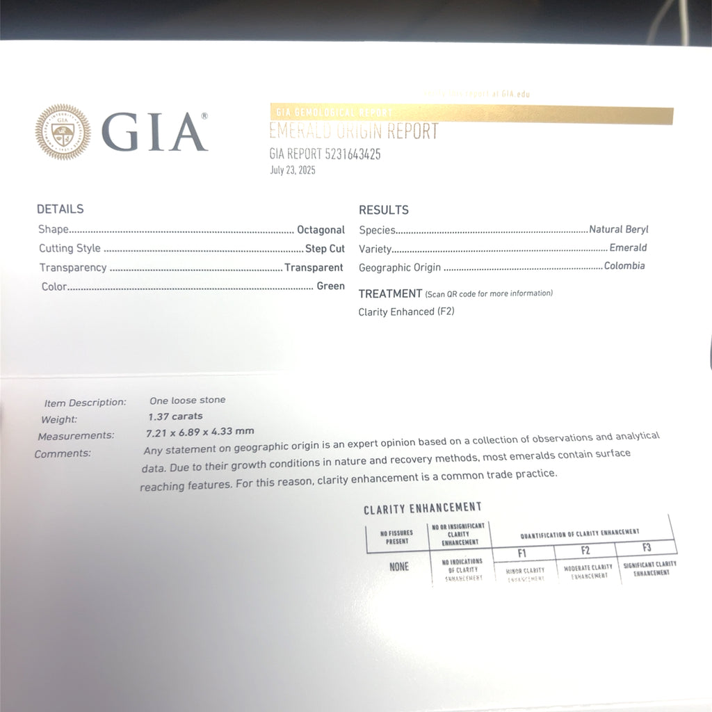 18k White Gold 1.37ct Columbian Emerald .50ct F VS2 Round Diamond Ring Certified By GIA # 5231643425