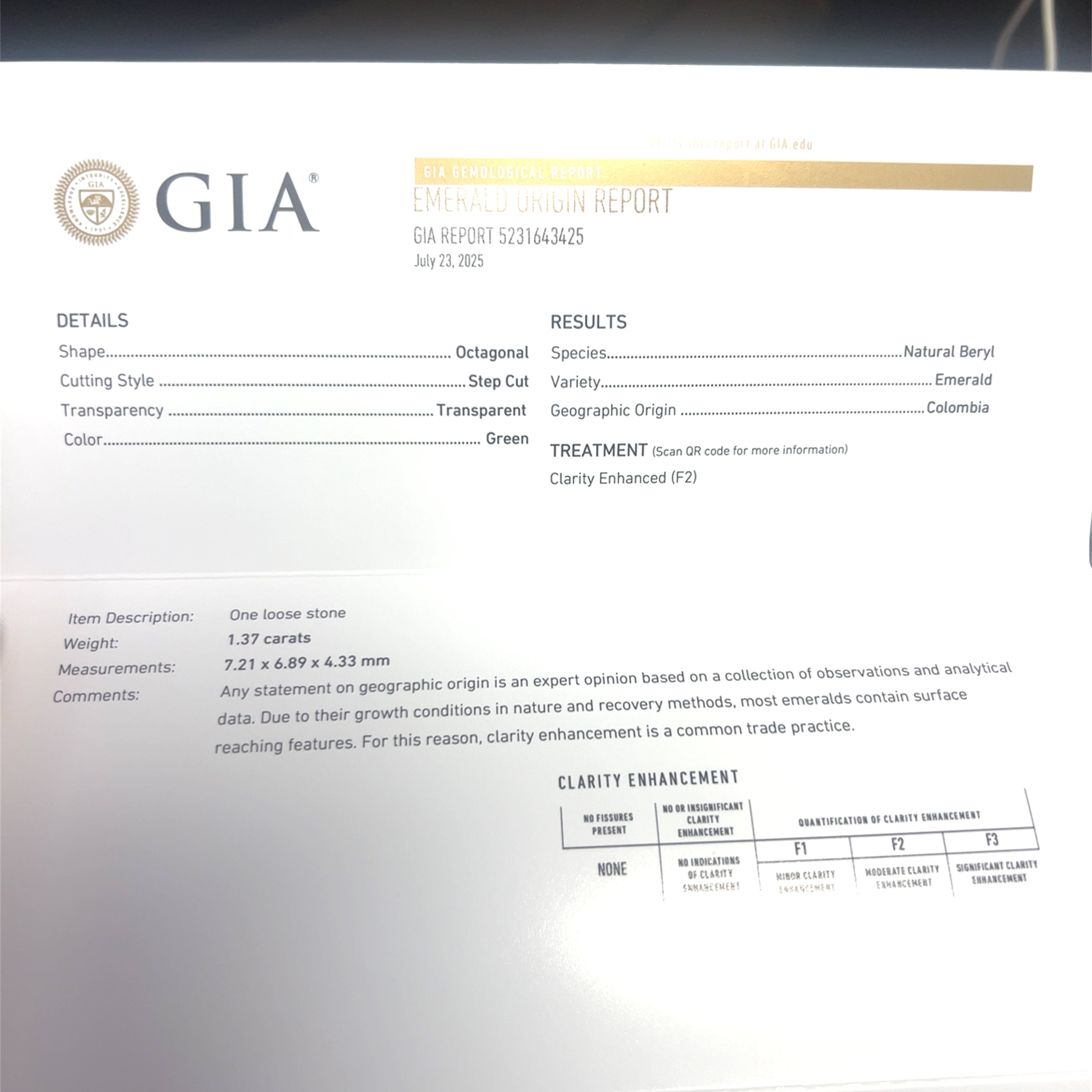18k White Gold 1.37ct Columbian Emerald .50ct F VS2 Round Diamond Ring Certified By GIA # 5231643425