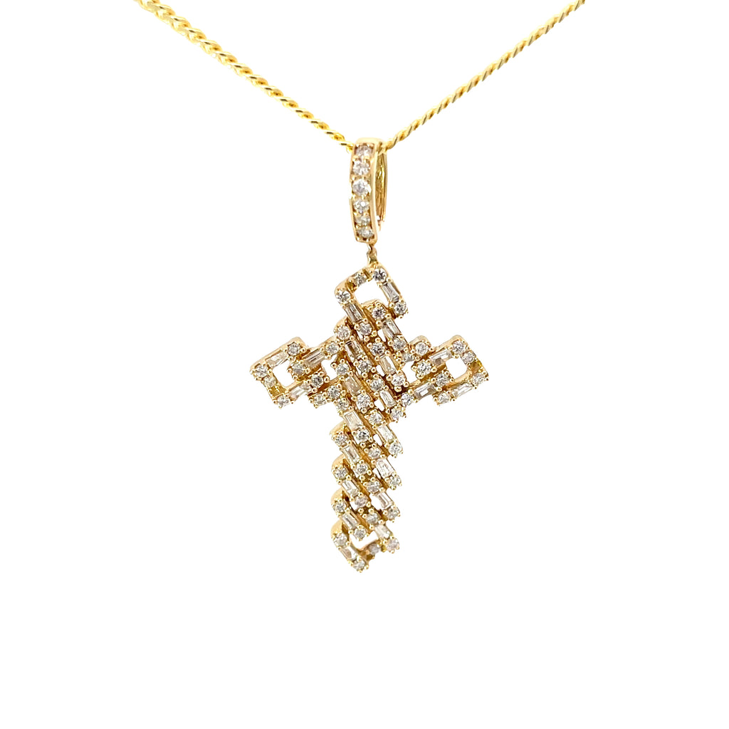 14K YELLOW GOLD 1.25CT GVS2 KELTIC BAGUETTE AND ROUND DIAMOND CROSS