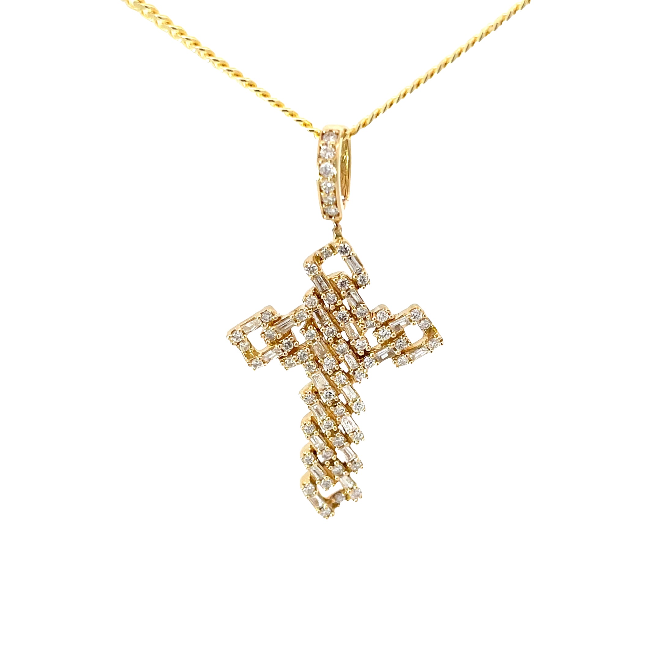 14K YELLOW GOLD 1.25CT GVS2 KELTIC BAGUETTE AND ROUND DIAMOND CROSS