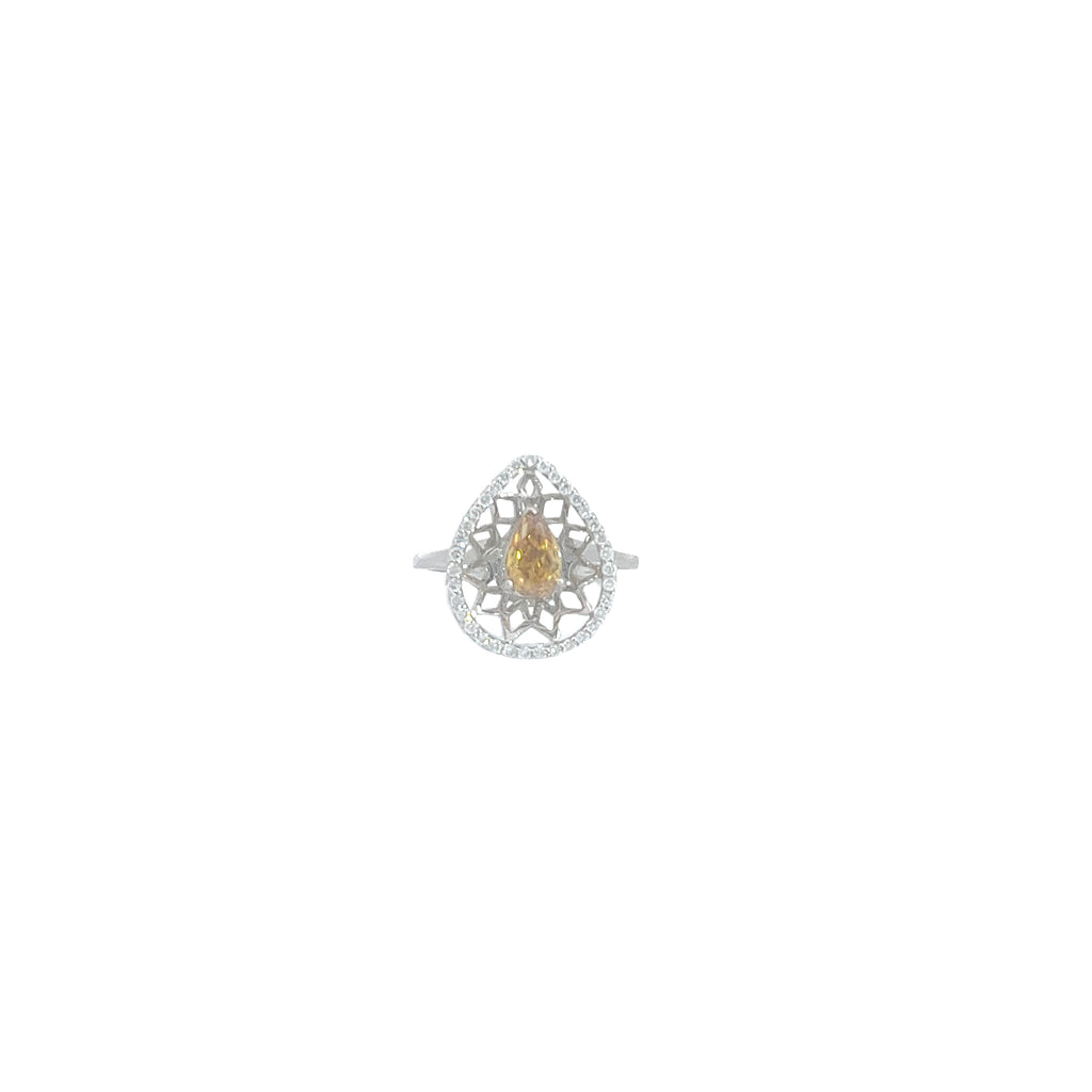 18k White Gold .75ct Fancy Deep Brownish Orangy Yellow Pear Shaped Chocolate Diamond and Surrounded .30ct F VS2 Round Diamond Engagement Ring Certified by GIA #2165929634