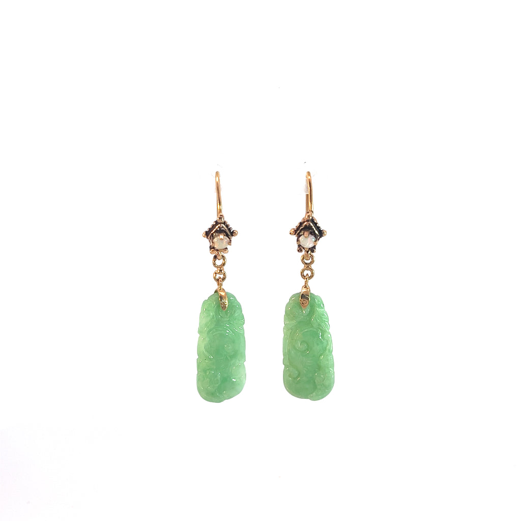 14k Yellow Gold Vintage Carved Jade and Round Opal Dangle Earrings