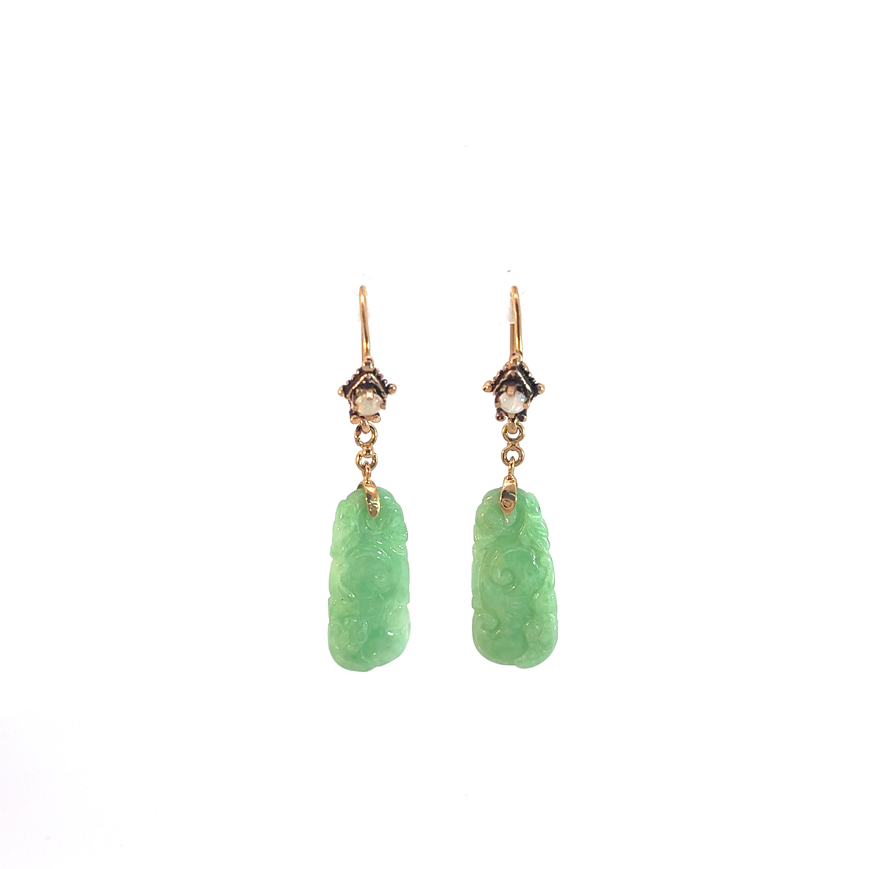 14k Yellow Gold Vintage Carved Jade and Round Opal Dangle Earrings