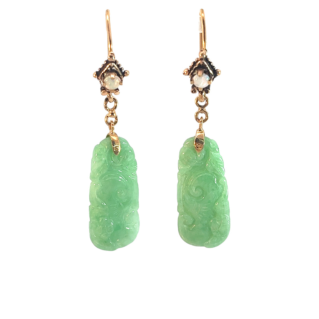 14k Yellow Gold Vintage Carved Jade and Round Opal Dangle Earrings