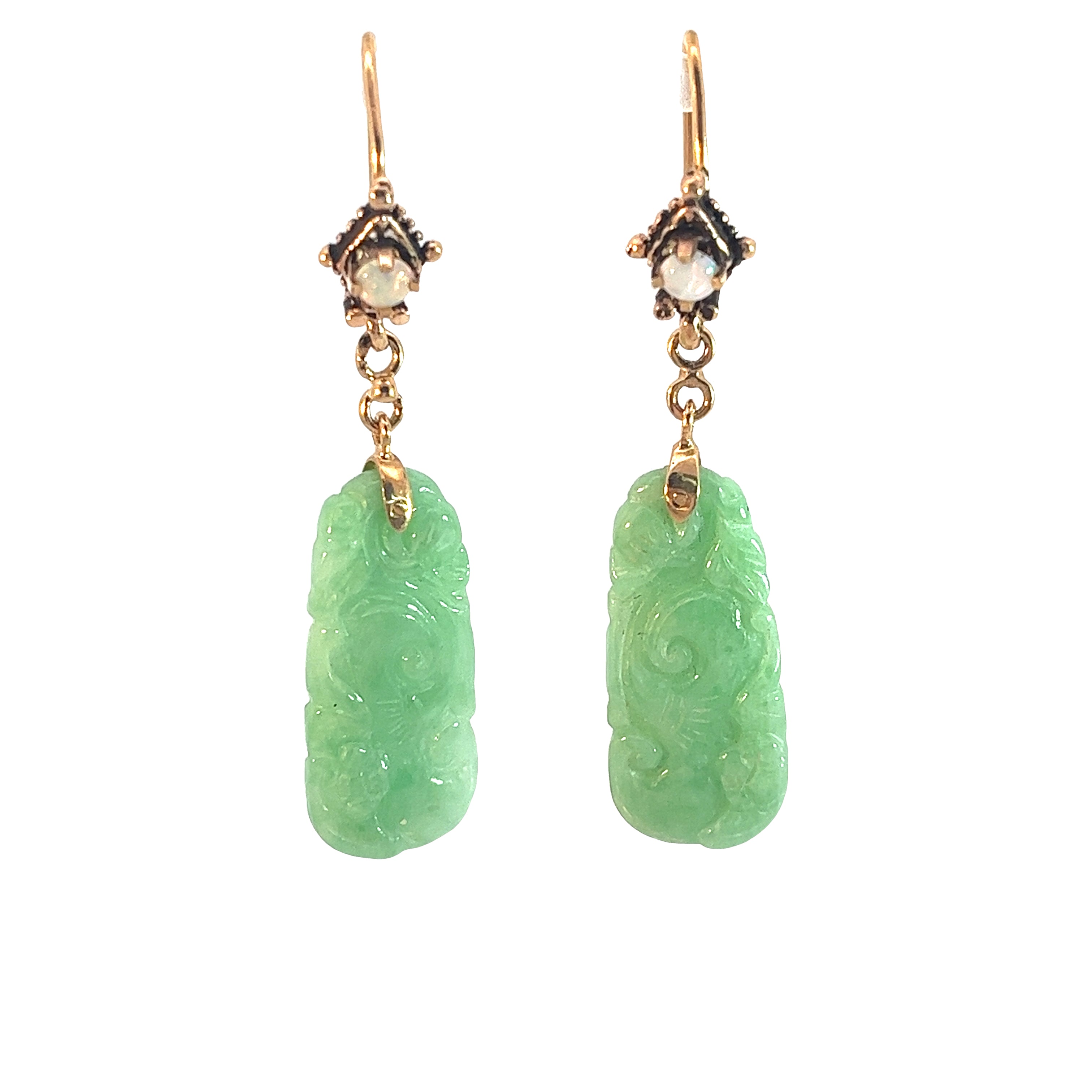 14k Yellow Gold Vintage Carved Jade and Round Opal Dangle Earrings