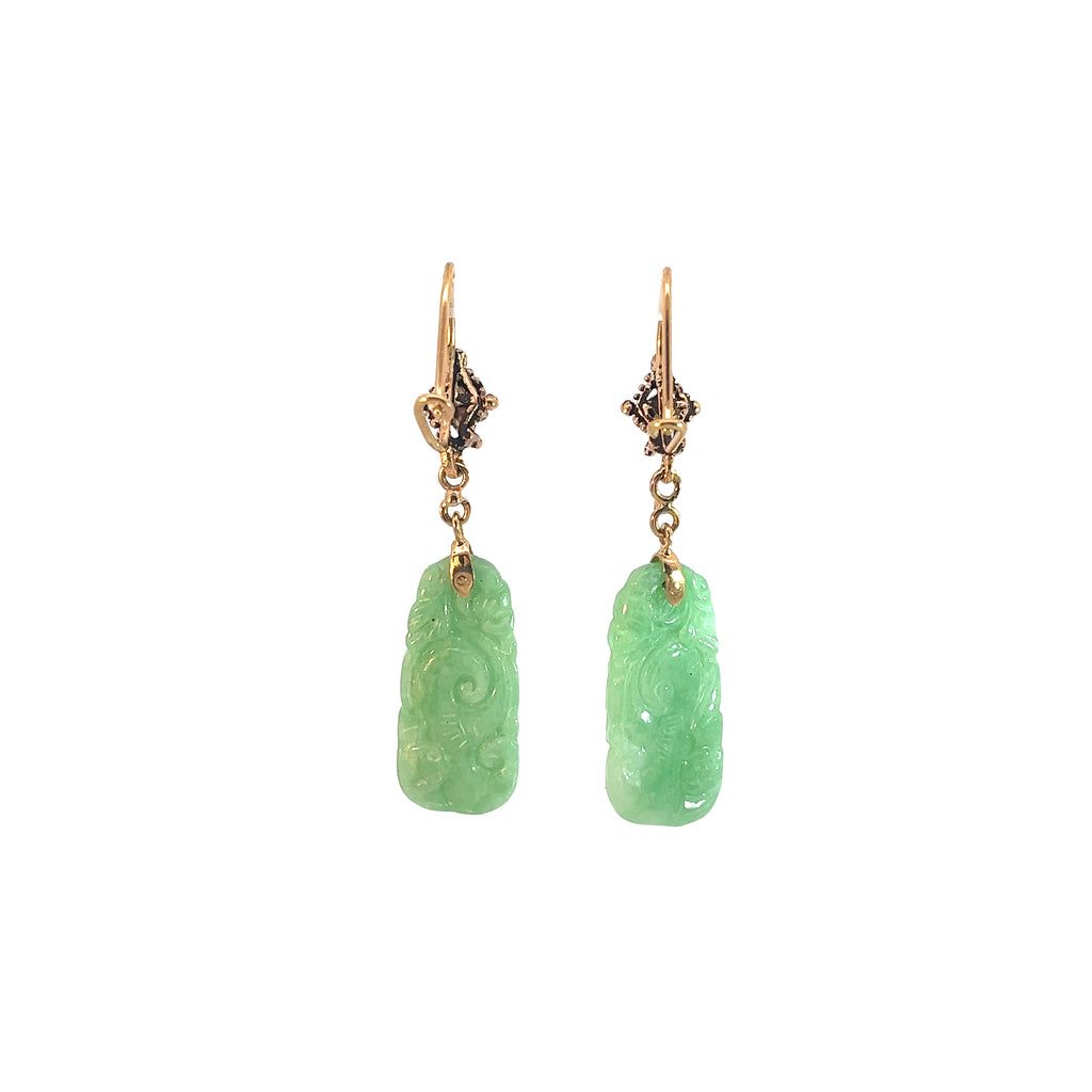 14k Yellow Gold Vintage Carved Jade and Round Opal Dangle Earrings