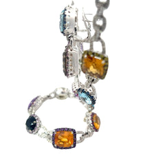 18k White Gold 90.00ct Semi-Precious Stones/ 11.00ct Multi-Colored Sapphire and 3.50ct G VS2 Round Diamond Necklace, Bracelet and Drop Earrings Set