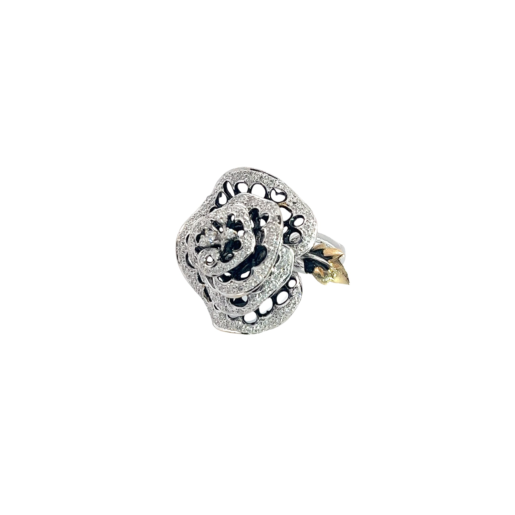 18k White Gold .86ct G VS2 Round Diamond and Black enamel Flower Ring