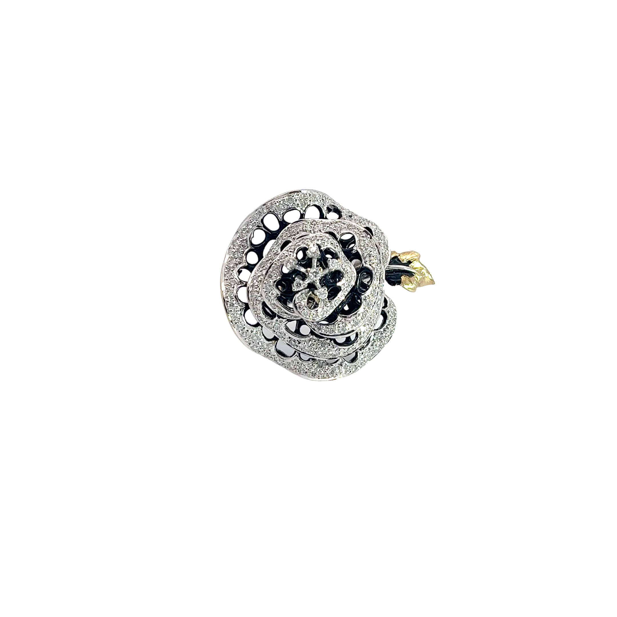 18k White Gold .86ct G VS2 Round Diamond and Black enamel Flower Ring