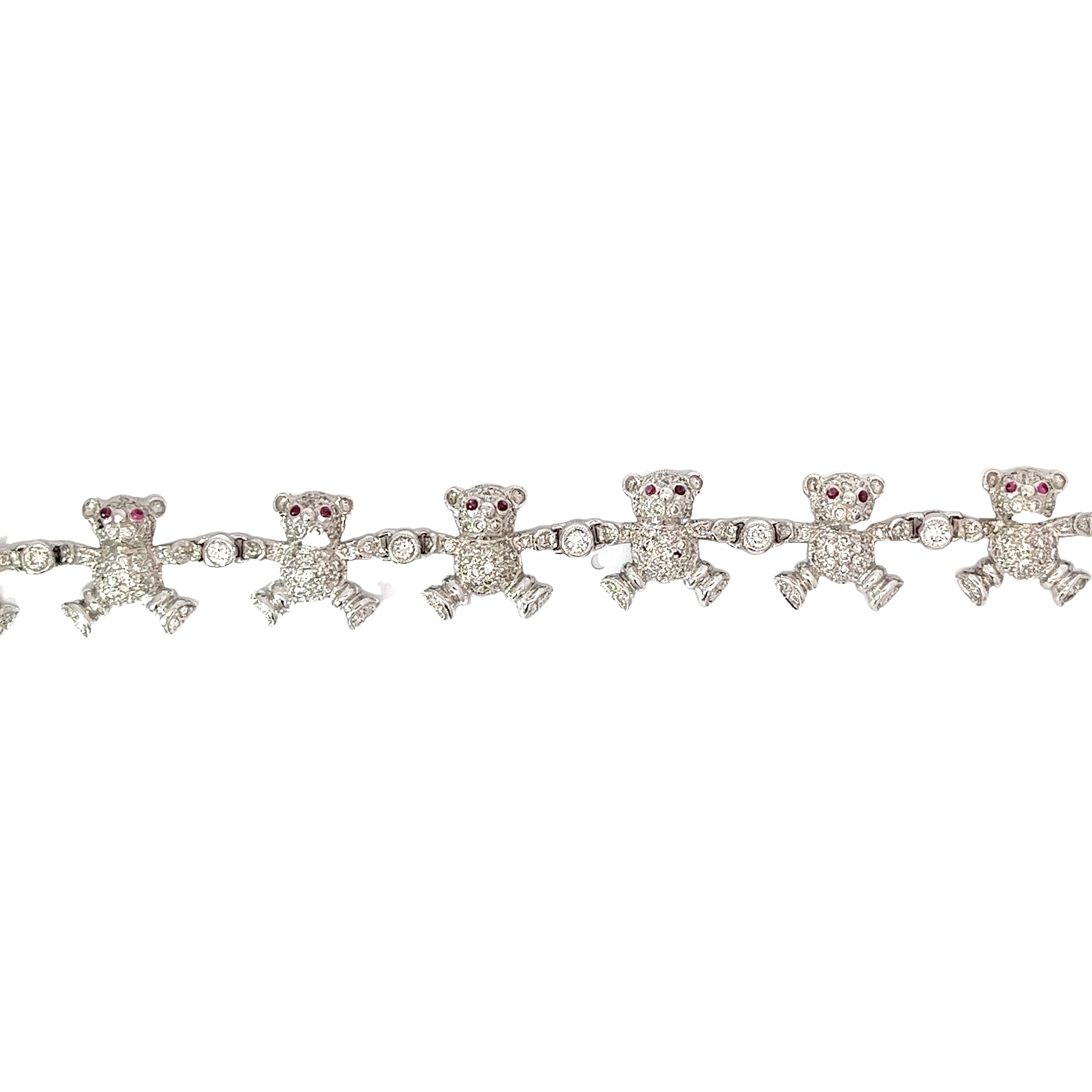 18k White Gold 4.30ct F VS2 Round Diamond and .30ct Round Ruby Teddy Bear Diamond Bracelet