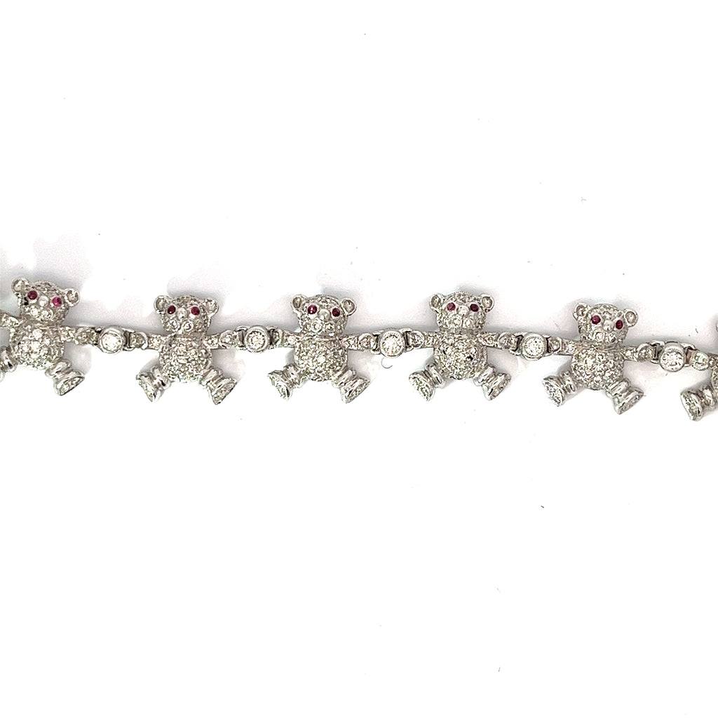 18k White Gold 4.30ct F VS2 Round Diamond and .30ct Round Ruby Teddy Bear Diamond Bracelet