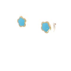 14k Yellow Gold Turquoise Enamel Flower Stud Baby Earrings
