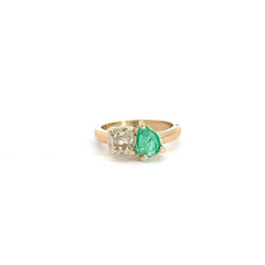 14k Yellow Gold 1.06ct Cushion Antique Light Brown Diamond and .95ct Pear Shape Colombian Emerald Stone Ring