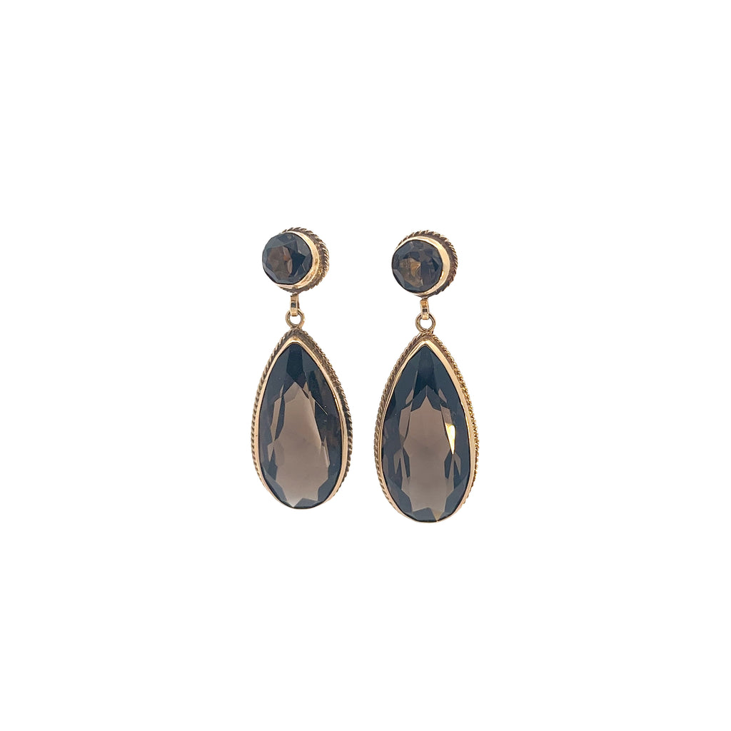 18k Yellow Gold Vintage Smokey Quartz Drop Earrings