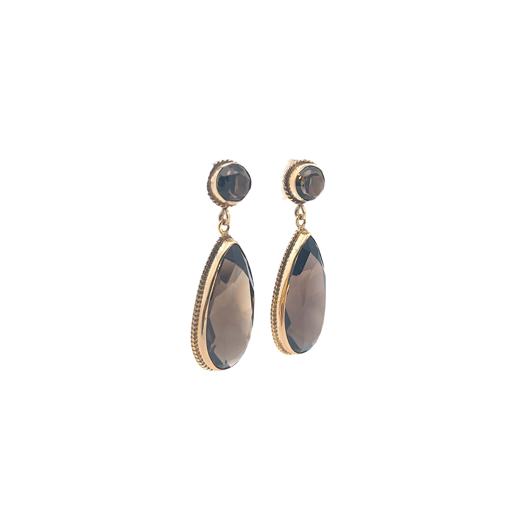 18k Yellow Gold Vintage Smokey Quartz Drop Earrings