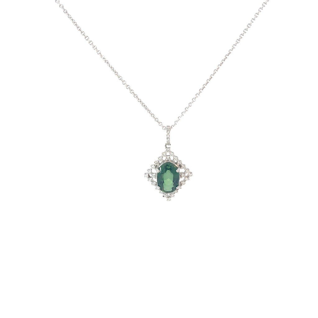 18k White Gold 2.99ct Oval Green Tourmaline and .45ct G SI1 Round Diamond Necklace Certified By American Gemological # CS56304
