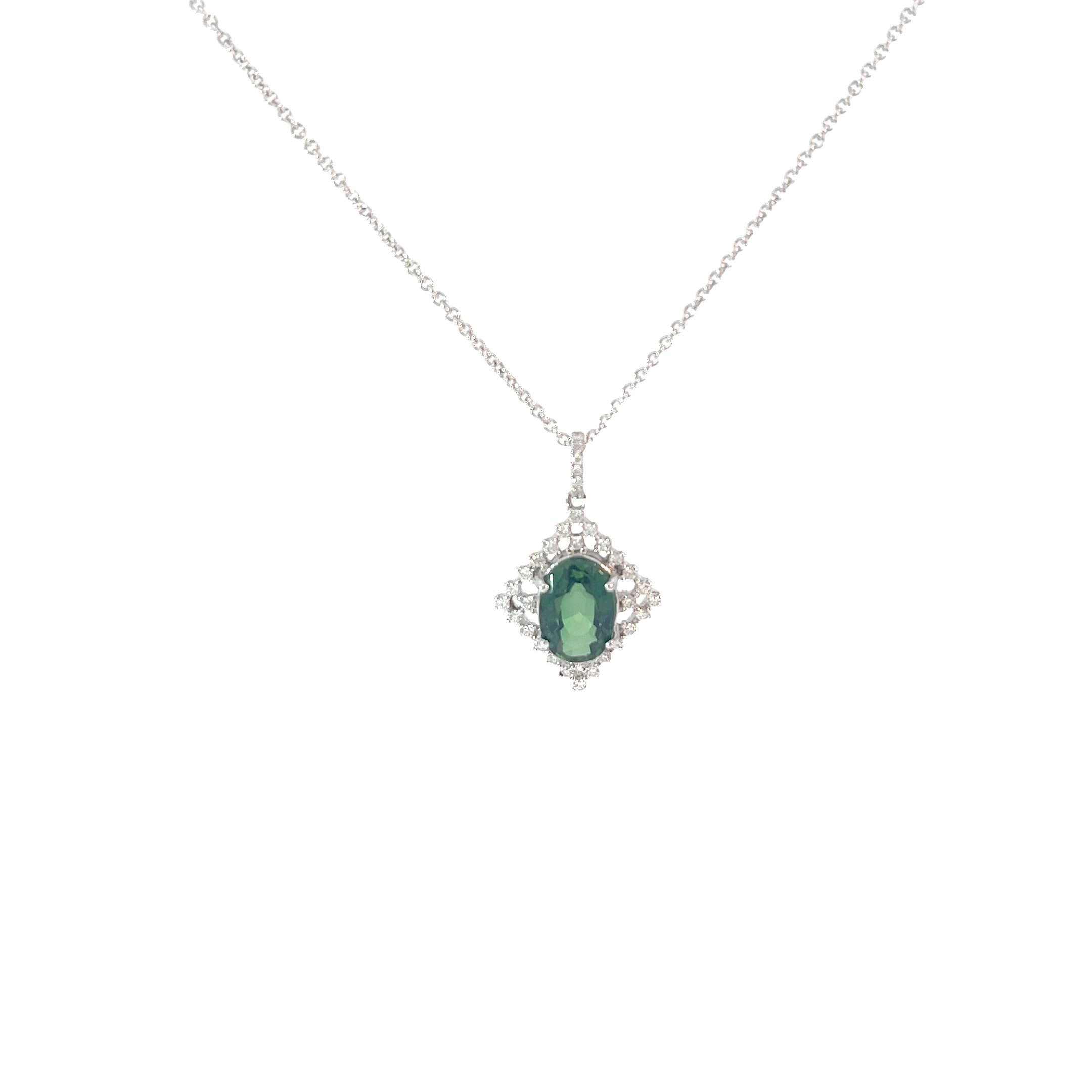 18k White Gold 2.99ct Oval Green Tourmaline and .45ct G SI1 Round Diamond Necklace Certified By American Gemological # CS56304