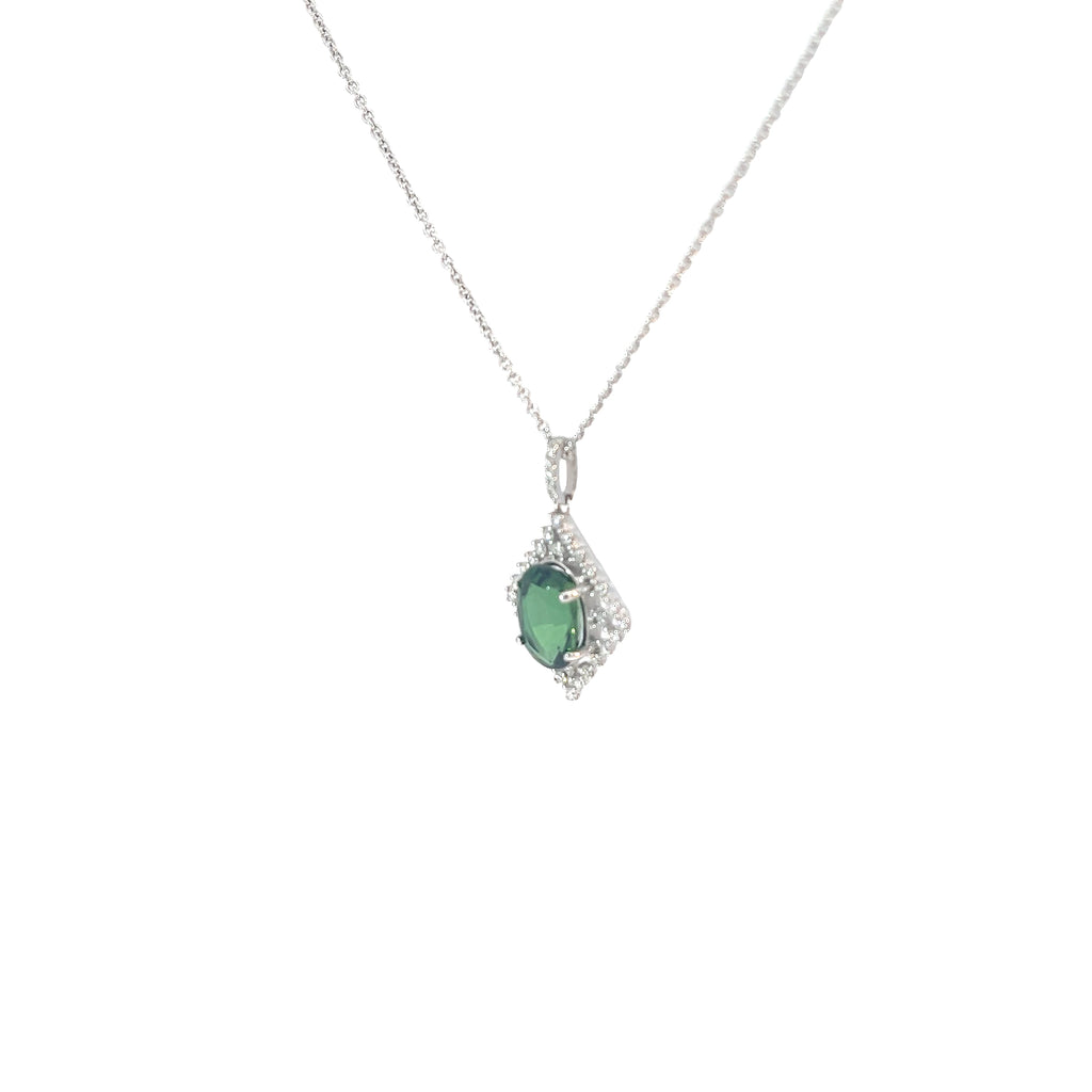 18k White Gold 2.99ct Oval Green Tourmaline and .45ct G SI1 Round Diamond Necklace Certified By American Gemological # CS56304