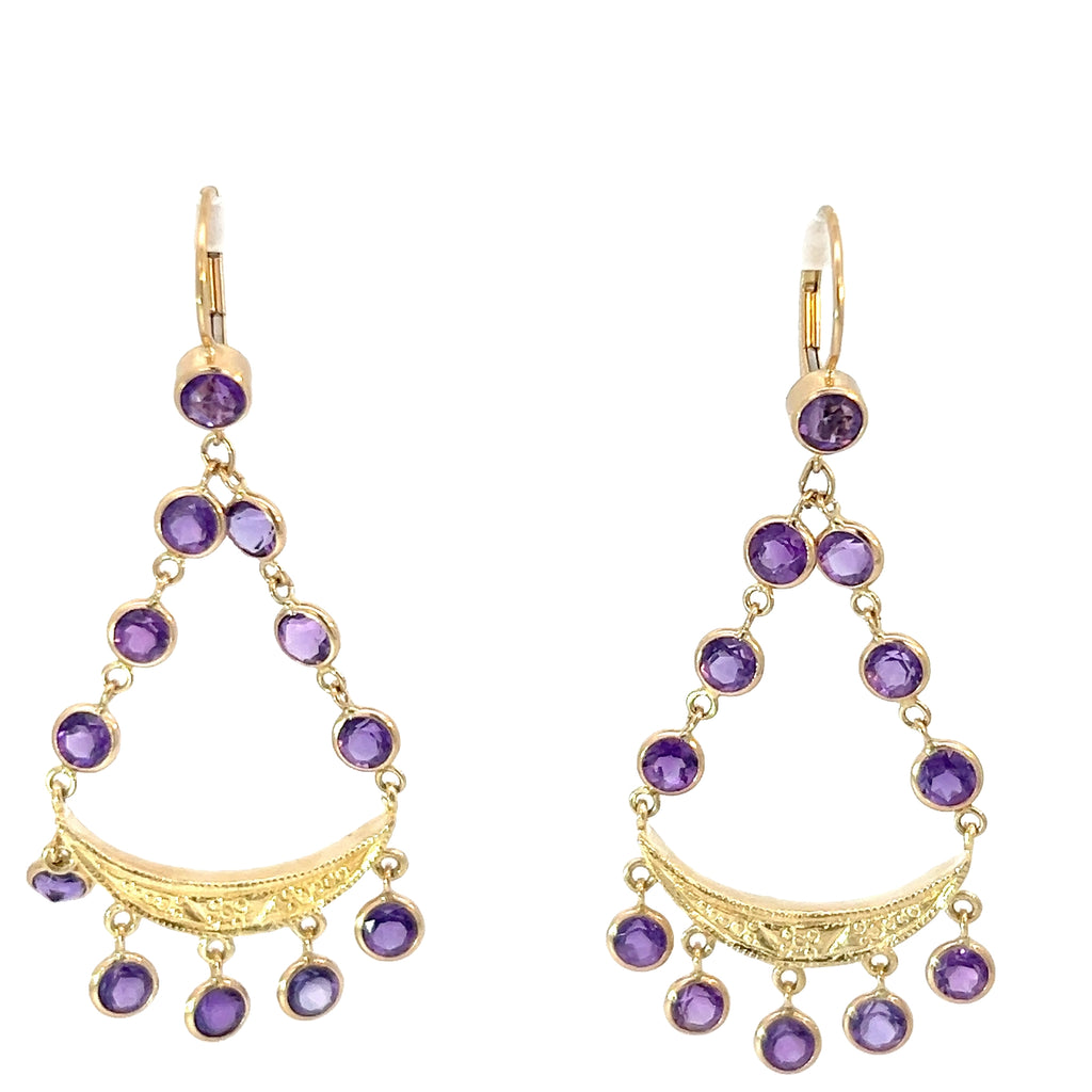 14k Yellow Gold 5.00ct Round Amethyst Chandelier Earrings 2" long