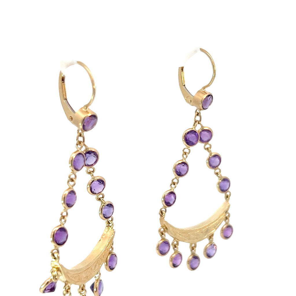 14k Yellow Gold 5.00ct Round Amethyst Chandelier Earrings 2" long