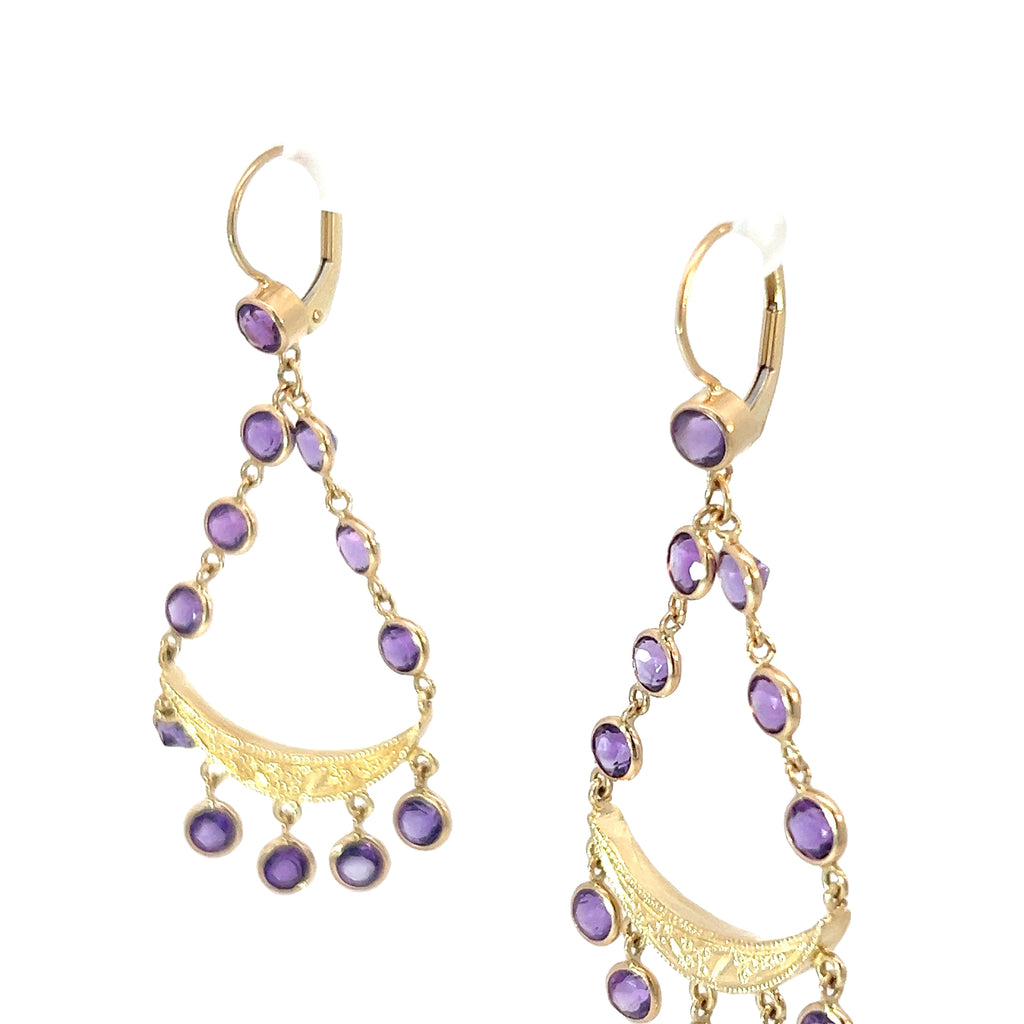 14k Yellow Gold 5.00ct Round Amethyst Chandelier Earrings 2" long