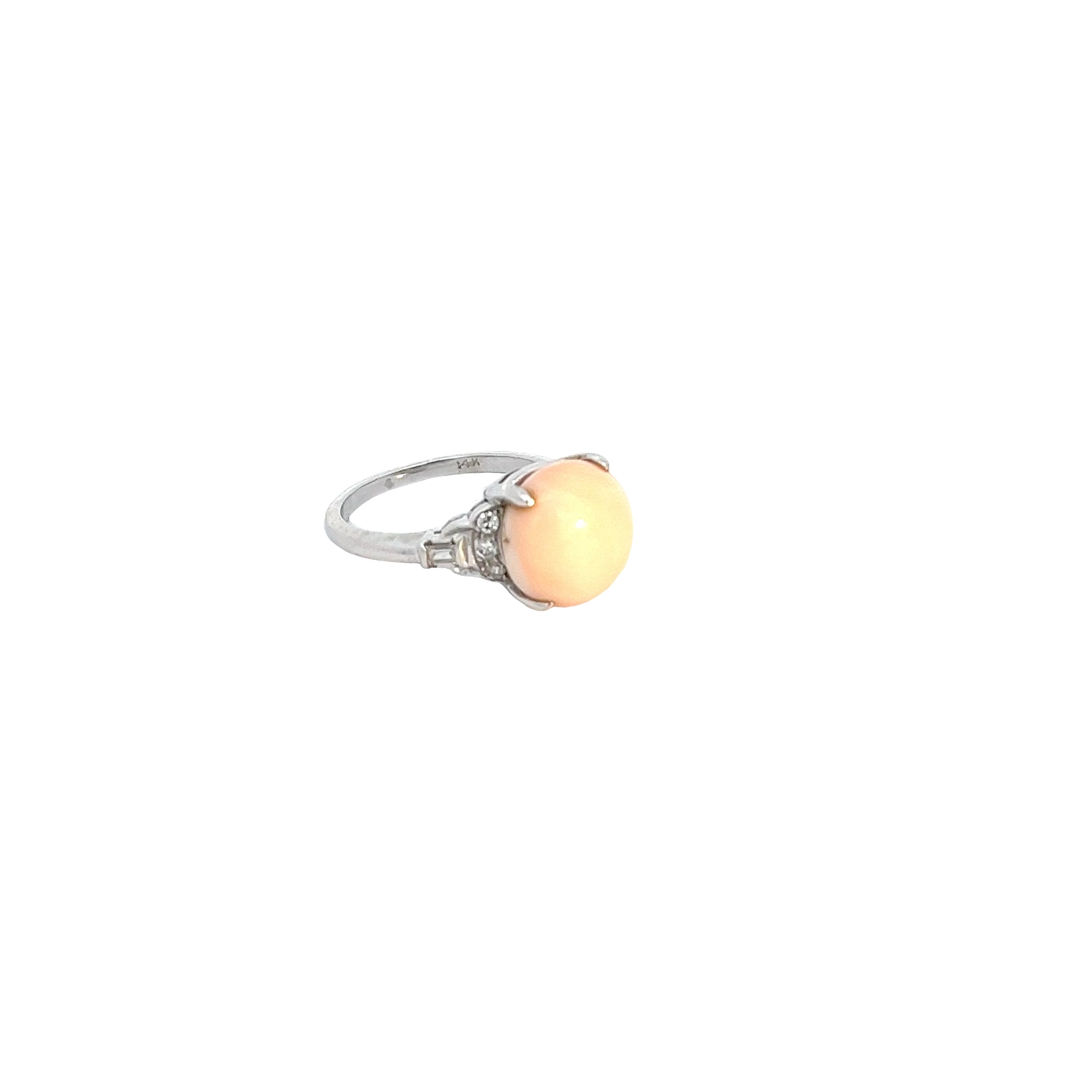 14k White Gold Vintage Partially Drilled Button Shape Light Pinkish Orange Coral with .25ct G VS2 Baguette and Round Diamond Ring Certified  by GIA # 5234226935