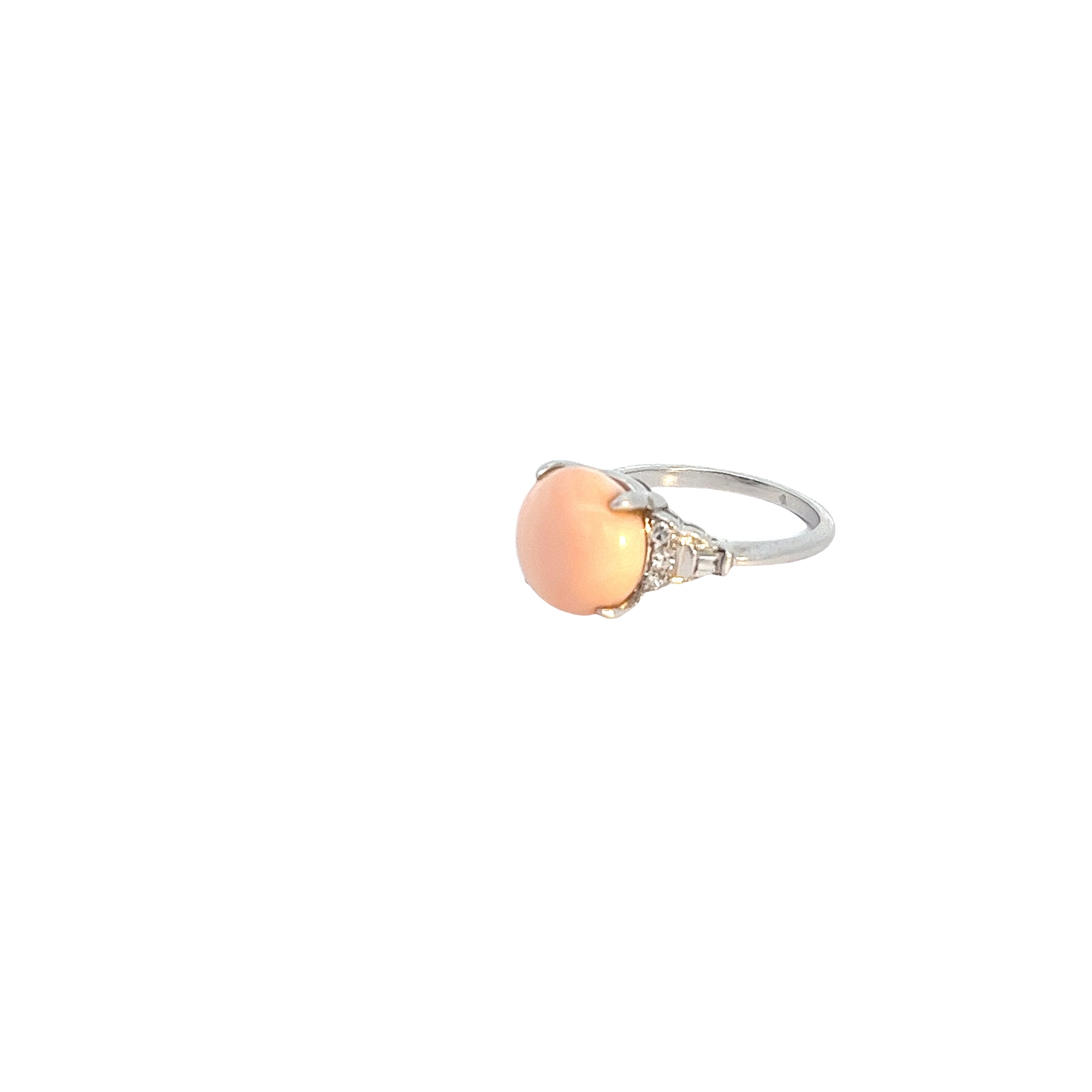 14k White Gold Vintage Partially Drilled Button Shape Light Pinkish Orange Coral with .25ct G VS2 Baguette and Round Diamond Ring Certified  by GIA # 5234226935