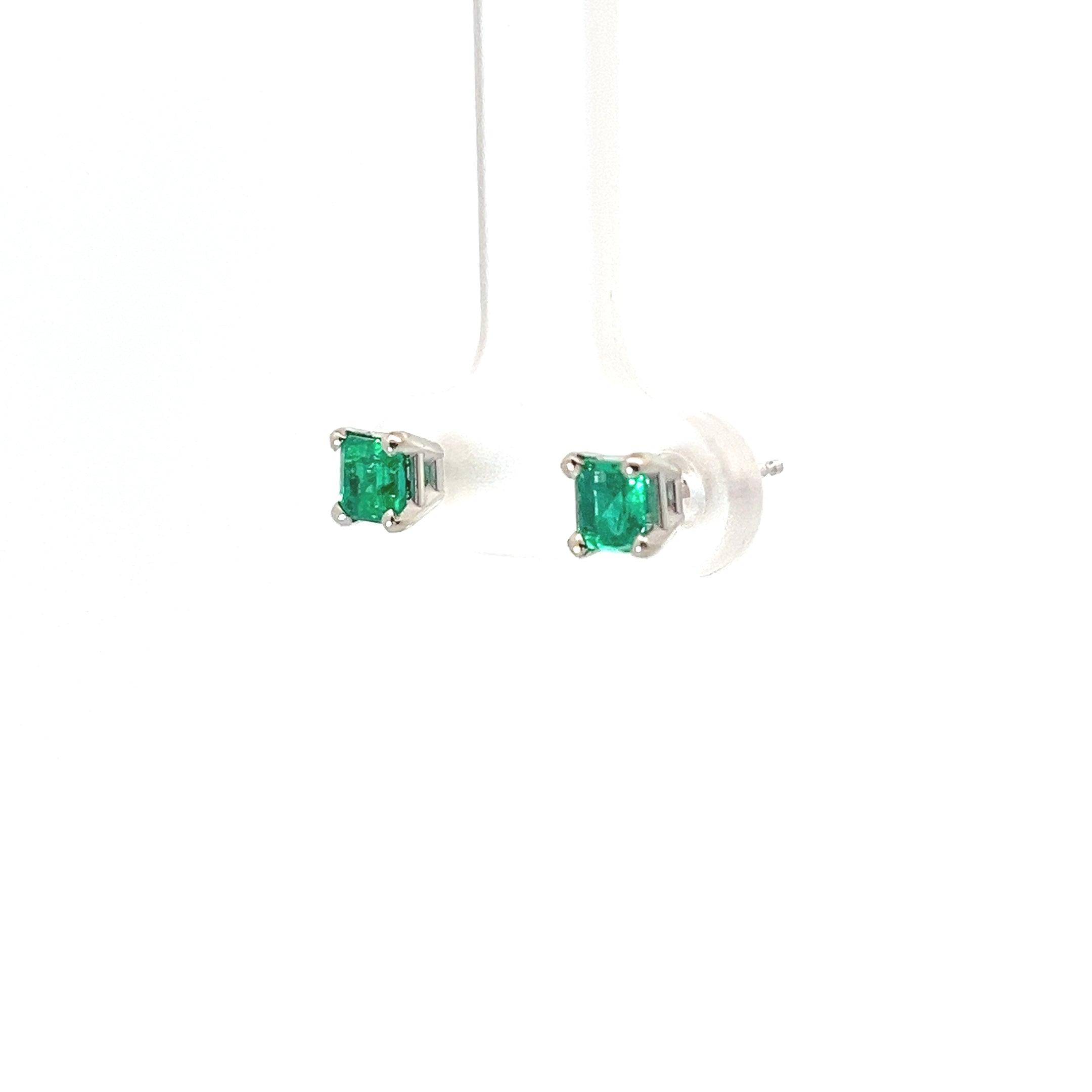 18k White Gold .70ct Princess Cut Emerald Stud Earrings