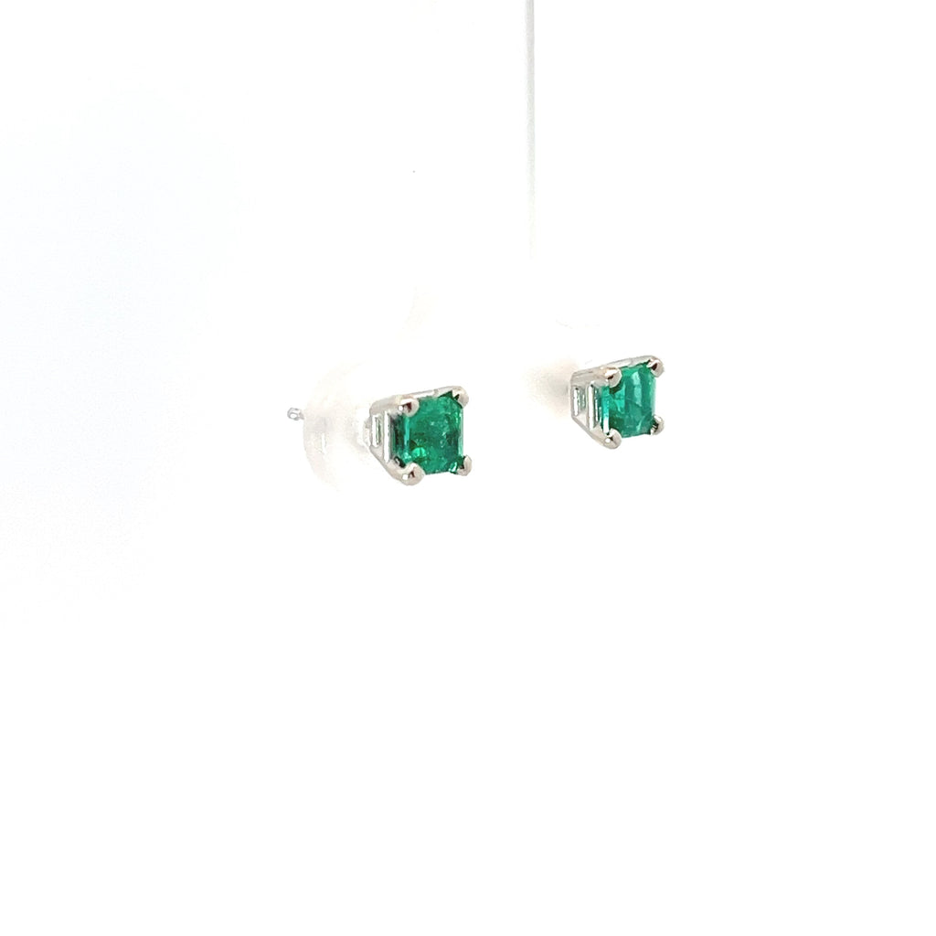 18k White Gold .70ct Princess Cut Emerald Stud Earrings
