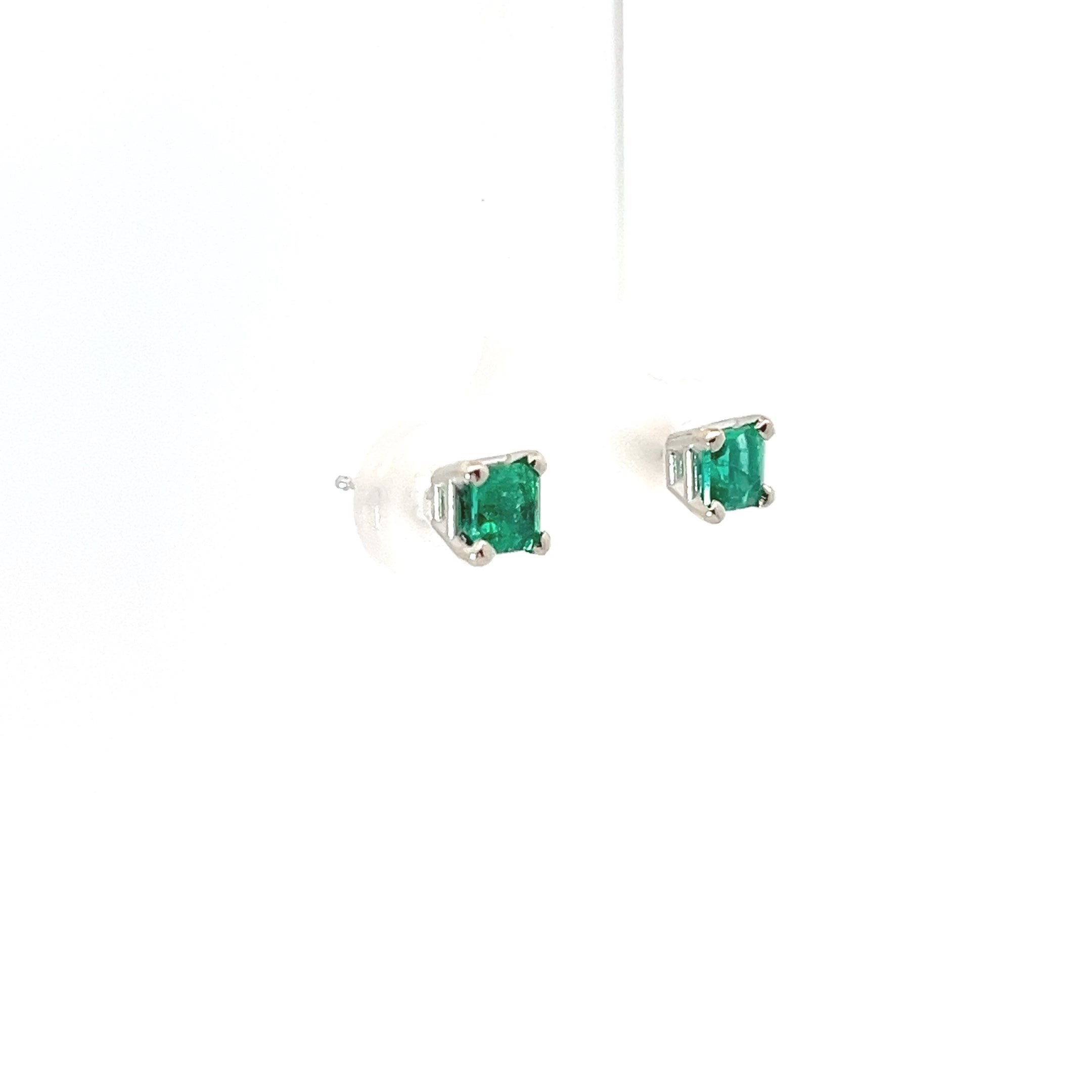 18k White Gold .70ct Princess Cut Emerald Stud Earrings