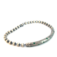 Sterling Silver 13.8 Gram (11) Green Stone on a Bar Beaded Men Bracelet