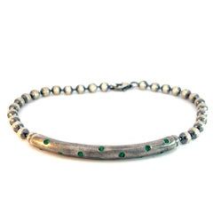 Sterling Silver 13.8 Gram (11) Green Stone on a Bar Beaded Men Bracelet