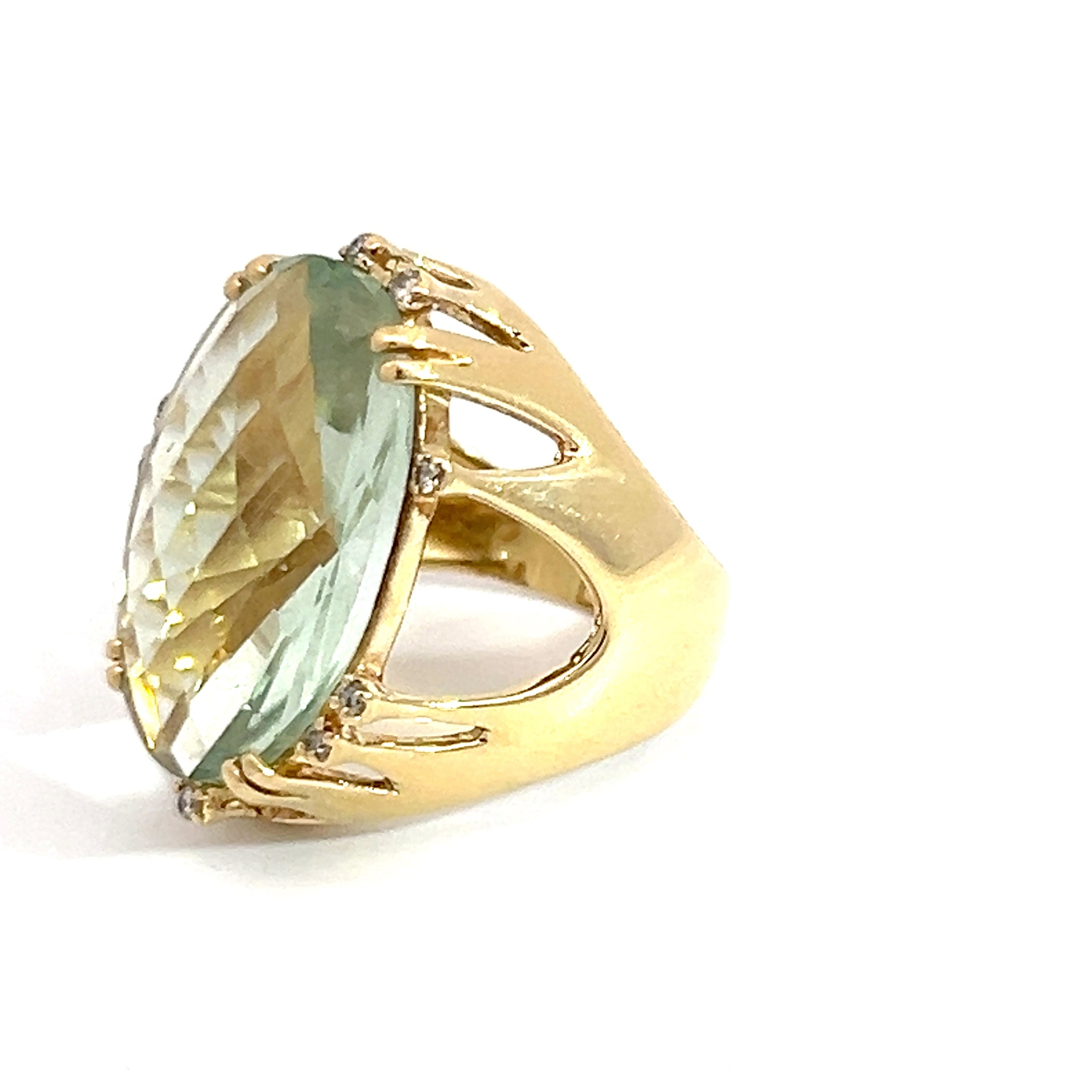 18k Yellow Gold 20x12 Oval Green Amethyst / .10ct G VS2 Round Diamond Ring 8.9 Gram Size 6
